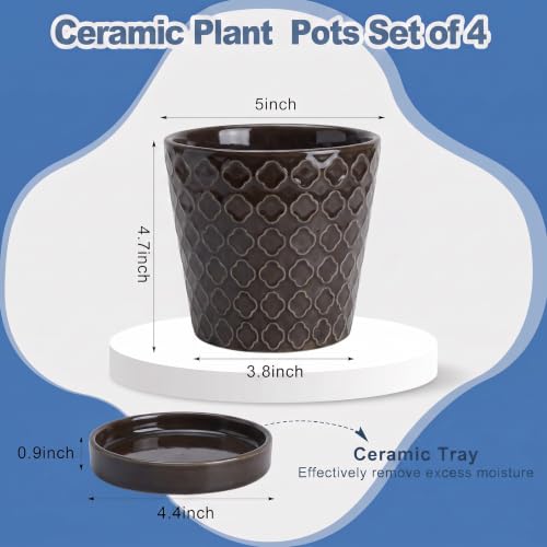 EFISPSS Ceramic Plant Pots, 5 Inch Planters with Drainage Holes and Ceramic Tray, Relief Design Flower Planter, Desktop Office Windowsill Decoration Gift Set of 4 - Black - color: Black