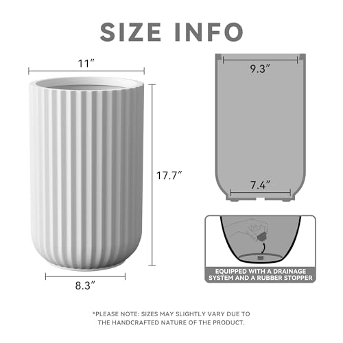 Kante 17.7" Tall Fluted Concrete Planter, White Round Column Pot - color: White, size: 11"w x 17.7" h