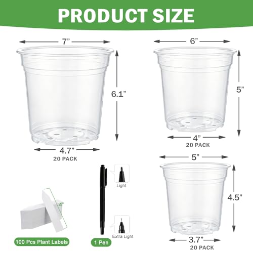 60 Pack Clear Nursery Pots with Drainage Holes, 5/6//7 Inch