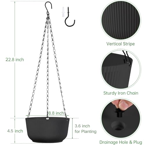 8 Inch Black Hanging Planters for Outdoor Indoor Plants - Set of 2 - color: Black, size: 8 Inch