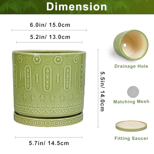 Eightpot Ceramic Flower Pots, 6 Inch Planter for Indoor Plants Outdoor, Round Pots for Plants with Drainage Hole and Tray, Modern Decorative Plant Pot, Bathroom Decor, Green - color: Green - 2, size: 6 Inch
