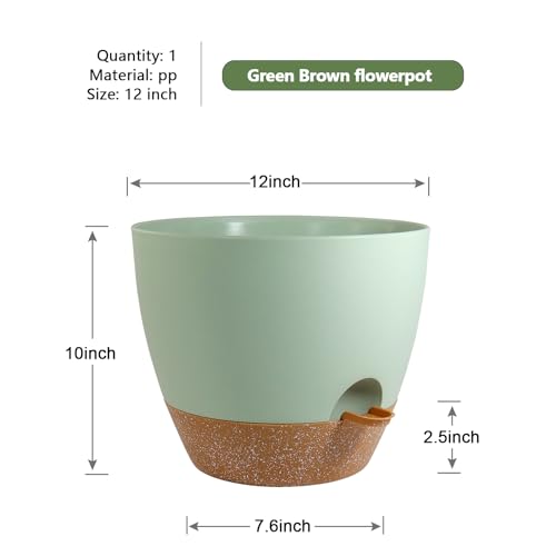 WSMKSZ 12 inch Large Self Watering Pots, Flower Plant Pots with Drainage Holes for Indoor Outdoor Garden Plants, Plastic Planters with Removable Deep Reservoir, Green with Brown - color: Green With Brown, size: 12inch 1pcs