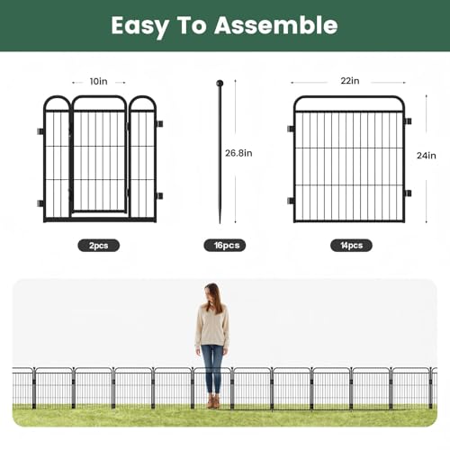 24 in(H) Decorative Garden Fence Outdoor for Yard with 2 Gates,Heavy Duty Iron 16 Panels Total 29.3ft(L) Anti Dig Fence with Gravity Automatic Lock for Indoor/Outdoor Decorative Dog Fence,Black - color: Black, size: 24 Inch