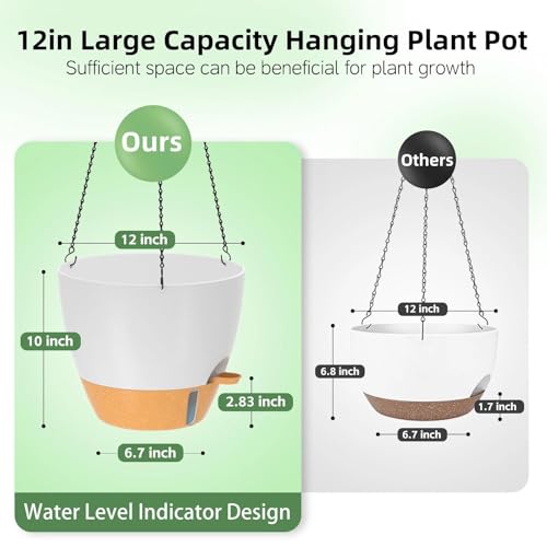 ZMTECH 12 Inch Large Self Watering Hanging Planters for Indoor Outdoor Plants - Water Level Indicator & Removable 60 Oz Reservoir, 1 Pack Plastic Hanging Basket for Window Porch Garden Balcony, White - color: White, size: 12 Inch
