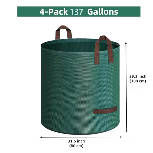 4 Pack 137 Gallons Reusable Yard Waste Bags, Heavy Duty with Double Bottom Layer & 4 Reinforced Handles, Extra Large Leaf Lawn and Garden Waste Bags for Debris, Grass Clipping