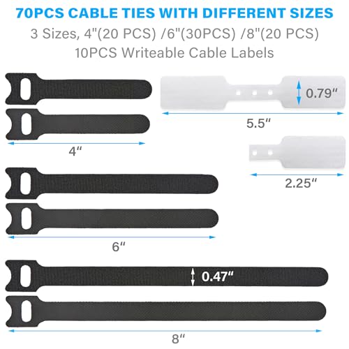 70 PCS Reusable Cable Ties with Hook and Loop, Multi-purpose Adjustable Cable Management Wire Ties & 10 PCS Cable Labels, Cord Organizer for Home, Office and Data Centers (4/6/8 Inch, Black+White) - color: 4/6/8 Inch 70 Pcs&10 Labels-bw