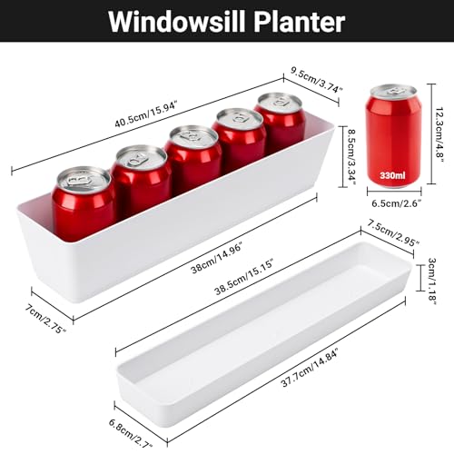 GREANER Window Boxes Planters, 3PCS 16x3.8 Inch Large Herb Planters with Tray, Indoor Succulent Cactus Flowers Vegetable Plastic Rectangle Pots for Balcony, Office, Garden, Outdoor, Windowsill (White) - size: 3Packs/16x3.8in