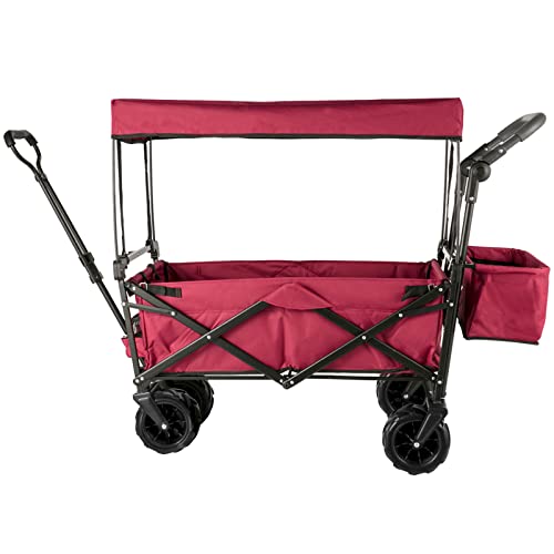 Happbuy Collapsible Wagon with Removable Canopy, 220lbs Heavy Duty Foldable Beach Wagon with Big Wheels - color: Red