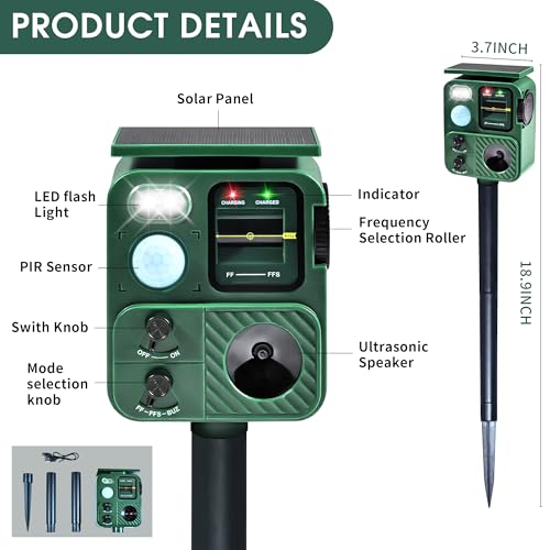 Outdoor Ultrasonic Animal Repeller, Deer Repeller with Solar-Powered, Motion-Activated Deterrent – Repellent for Cats, Dogs, Deer, Squirrels & Raccoons for Garden and Yard