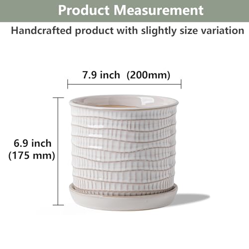 8 Inch Ceramic Plant Pot with Drainage Hole & Separate Saucer - color: Wave Embossed, size: 8 inch