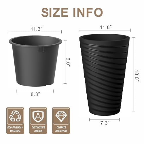 Kante Set of 2 Black Plastic Round Planters 18" Tall Home & Outdoor - color: Black-spiral, size: 18" H