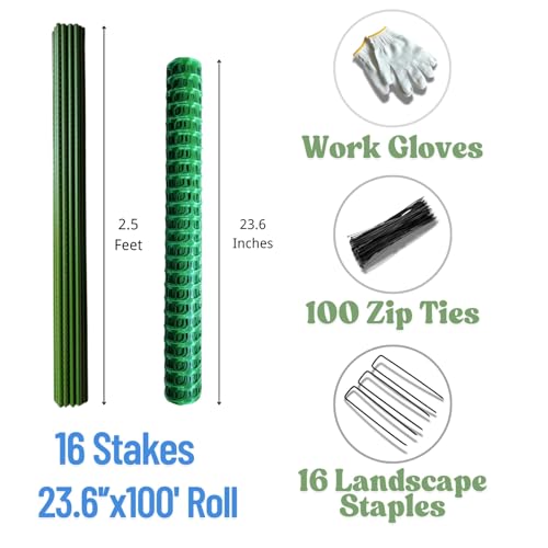 PotatoLife 23.6" x 100', Green, Plastic Garden Fence with Stakes, Strength - color: Green, size: 23.6'' x 100'