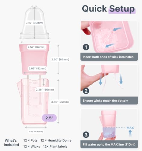 12 Pack 2.5" Small Pink Self Watering Pot with Humidity Dome for Indoor Plant,Clear Seed Starter Cup,Tissue Culture Acclimation Kit,Alocasia Corm Propagation,African Violet,Cutting,Seedling - color: Frosted Pink, size: 2.5"