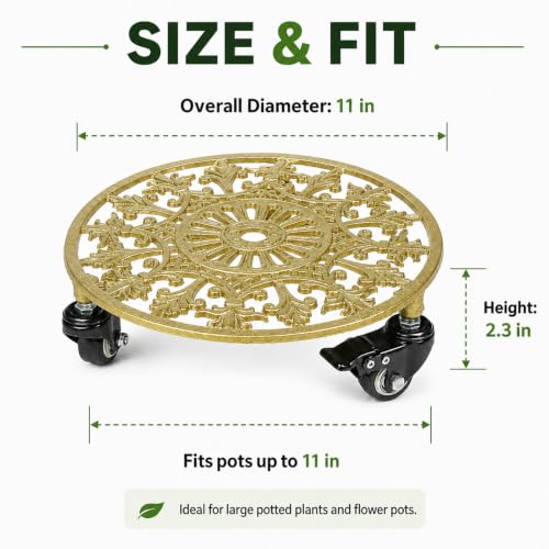 2 Pack 11" Heavy Duty Round Metal Plant Caddy with Wheels, Gold - color: Round Metal Gold, size: 11 INCH 2PCS