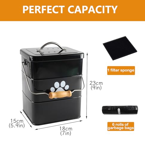 Dog Poop Trash Can Outside,1.58 Gallon Waterproof Metal Waste Bin with Lid,Small Portable Outdoor Bucket for Pet Disposal,Garbage Trashcan with 75 Bags,Suitable for Odor Control in Patio and Backyard