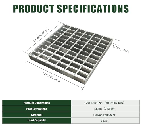 12in B125 Serrated Galvanized Steel Drain Grate (12x11.8 in) - size: 12x12in