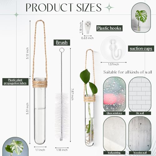Baderke 9 Pack Clear Window Propagation Stations Plastic Window Planter with Suction Cups & Traceless Nails, Propagated Plant Holders with Bottle Brush, Hanging Vases Terrarium Gift(5") - size: 5 Inch