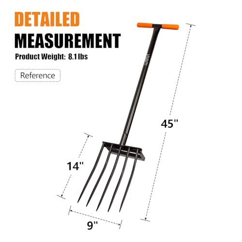 VNIMTI Pitchfork for Gardening, Heavy Duty Pitch Fork with Steel Handle, 5 Tines Garden Fork for Loosening Soil, Digging, 45 Inches