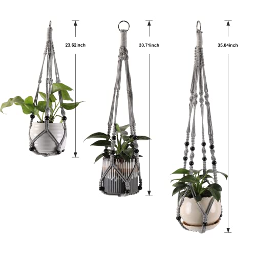 Macrame Plant Hangers with Beads for Indoor and Outdoor, 3 Pack - color: Gray