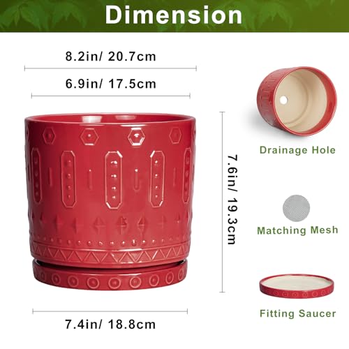 Eightpot Ceramic Plant Pots, 8 Inch Plant Pots Indoor Outdoor, Round Flower Pot with Drainage Hole and Sacuer, Boho Pot for Plants, Decorative Planter, Home Room Bathroom Decor, Garden Gifts, Red - color: Red, size: 8 Inch