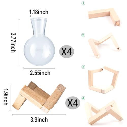 Plant Propagation Station, Desktop Flower Vases-Plant Terrarium with Wooden Stand, Tabletop Bulb Glass Vase for Living Room,Hydroponics Home Office Decoration Cu(4pcs)
