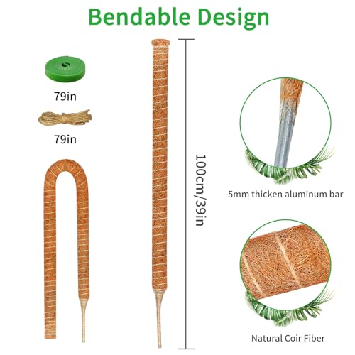 2 Pack 39'' Moss Pole for Monstera, Bendable Coco Coir Plant Support Stakes - size: 2 Pack ( 39-Inch)