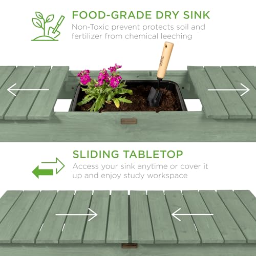 Best Choice Products Mobile Garden Potting Bench, Outdoor Wood Workstation Table w/Sliding Tabletop, 4 Locking Wheels, Food Grade Dry Sink, Storage Shelves - Sage Green - color: Sage Green