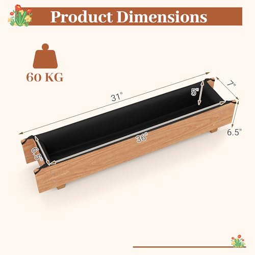 HAPPYGRILL Wooden Raised Garden Bed with 4 Drainage Holes, Black Liner - size: 36" x 7" x 6.5"