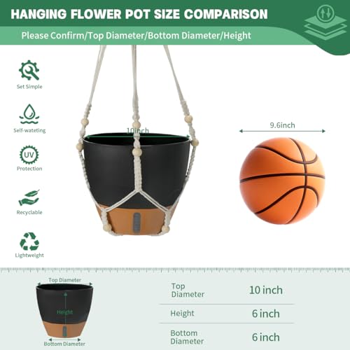 Self-Watering Hanging Planters for Indoor Plants Set 2-Piece Includes Plant Hanging Pot, Drainage-Hole Hanging Pot, and Hanging Basket Rack (10 Inches, Black) - color: Black