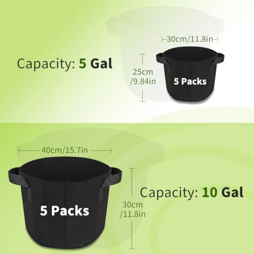 Hoikwo 10-Pack Assorted Sizes Fabric Grow Bags, 5 Pack Each of 5&10 Gallon - size: Multisize-5&10-Each 5 Packs