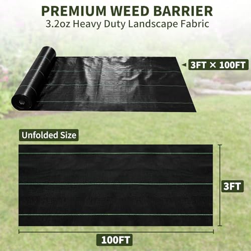 EXTRAEASY 3ft x 100ft Weed Barrier Fabric, Heavy Duty Landscape Fabric, 3.2oz Weed Control Fabric, Tear-Resistant Weed Blocker Ground Cover for Garden, Gravel, Driveway, Flower Bed - size: 3ftx100ft