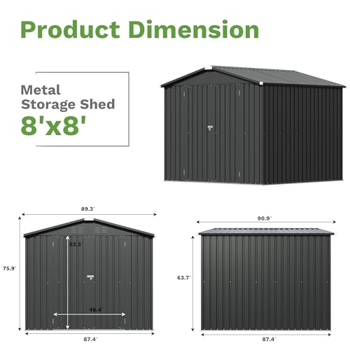 Patiowell 8x8 FT Storage Shed, Outdoor Metal Sheds, Black - color: Black, size: 8x8 FT