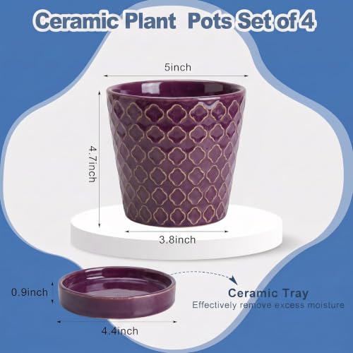 EFISPSS Ceramic Plant Pots, 5 Inch Planters with Drainage Holes and Ceramic Tray, Relief Design Flower Planter, Desktop Office Windowsill Decoration Gift Set of 4 - Plum - color: Plum