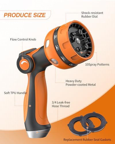 Garden Hose Nozzle, Heavy Duty Water Hose High Pressure Sprayer with 10 Watering Patterns, Thumb Control On Off Valve, for Watering outdoor Plants & Lawn, Car & Pet Washing-(Orange Red) - color: Orange red