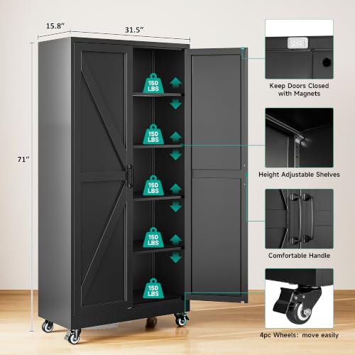 SISESOL 71" Tall Metal Storage Cabinet with Wheels,Rolling Garage Storage Cabinet,Black Metal Cabinets with Wheel and Shelves, Deep Heavy Duty Tool Cabinet for Garage,Home,Office,Shop - color: Black, size: 71"H