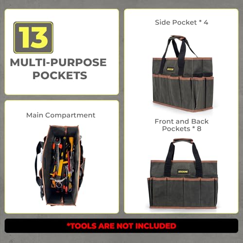 Tool Bag 16 oz. Waxed Canvas Tool Bag Large Capacity Tool Storage Tote comes with a Main Compartment and 12 Exterior Pockets for Wrenches, Scissors, Hammers or a set of Garden Tools and More ArmyGreen - color: Army Green