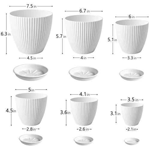 SupKing White Plant Pots with Drainage Saucers 7.5/6.7/6/5/4/3.5 Inch Set of 6,Plastic Flower Pots Planters with Multi Mesh Drainage Holes Nursery Planting Pot for Indoor Outdoor Garden Plants - color: White, size: 7.5/6.7/6/5/4/3.5 inch