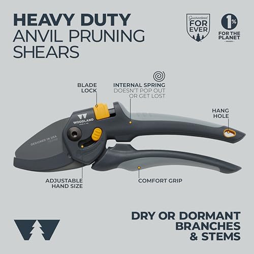 Woodland Tools Co. Heavy Duty Anvil Pruning Shears – 5/8" Cut Capacity, High Carbon Steel Blade, Internal Spring, Adjustable Grip Slider, Garden Pruner for Dry Branches, Stems, and Dead Growth - style: Heavy Duty Anvil Pruner