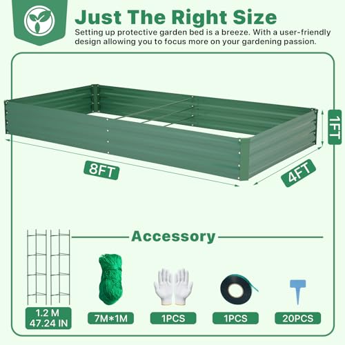 ONCEMORE Galvanized Raised Garden Bed for Vegetables Flowers Herbs, Metal Raised Garden Bed Kit with 2 PCS Tomato Cage, Gloves, Trellis Netting, Plant Labels, Plant Ties, Green 8×4×1FT - color: Green, size: 8x4x1 FT