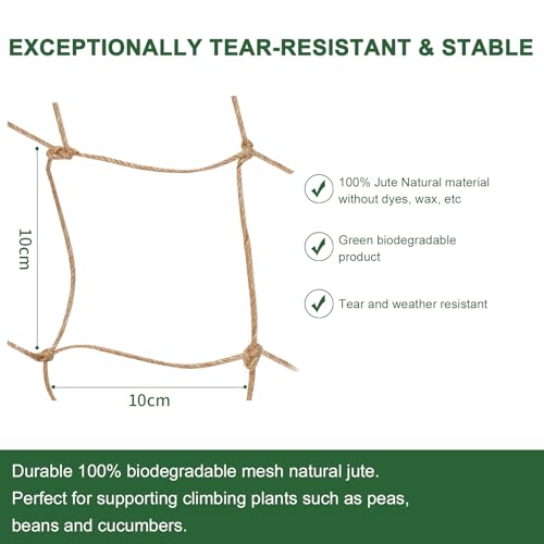 Jute Trellis Netting - Jute Netting for Garden, Heavy Duty Plant Support Netting for Climbing Plants, Cucumber, Vine, Fruits & Vegetables, Climbing Vining Plants (3.3 Ft X 16.4 Ft, 3.9 Inch Squares) - size: 1X5M 10CM