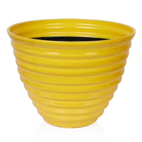 Alpine Corporation 16" Diameter Indoor/Outdoor Ribbed Plastic Planters with Plug-in Drainage Hole, Aesthetic Lawn and Garden Decor, Yellow - color: Yellow