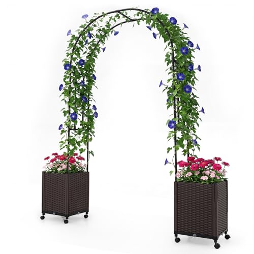 BECOMFORT 91”H Garden Arch Trellis with with 2 Self-Watering Planter Box, PE-Coated Metal Arbor with Lockable Wheels for Climbing Plants Outdoor Wedding Garden Party Backdrop & Flower Support - size: 80“Lx16"Wx91”H