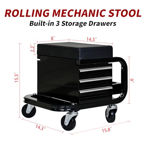Rolling Mechanic Stool with Wheels, Creeper Seat with 3 Built-in Tool Drawers, Side Tool Tray & Rear Bottle Tray for Shop & Work, Garage Use (14" L × 16" W × 14" H) - color: Black W/ 3 Slide Drawers