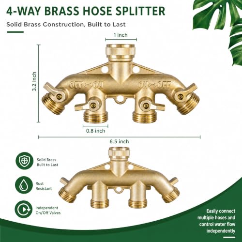 Hourleey Brass Garden Hose Splitter (4 Way), Solid Brass Hose Connector 3/4", Hose Spigot Adapter 4 Valves with 4 Extra Rubber Washers - size: 1 Pack - 4 Way
