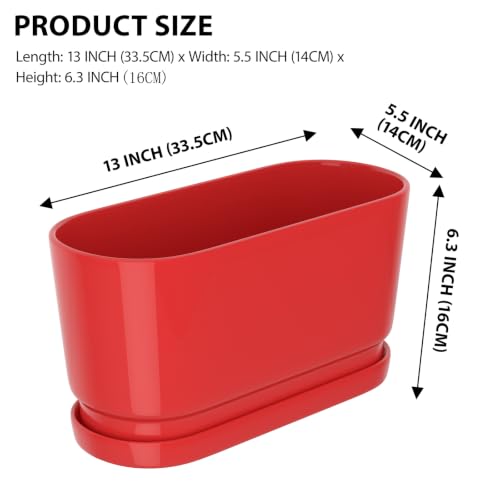 13" Rectangular Ceramic Planter with Drainage and Saucer, Red - color: Red, size: Large