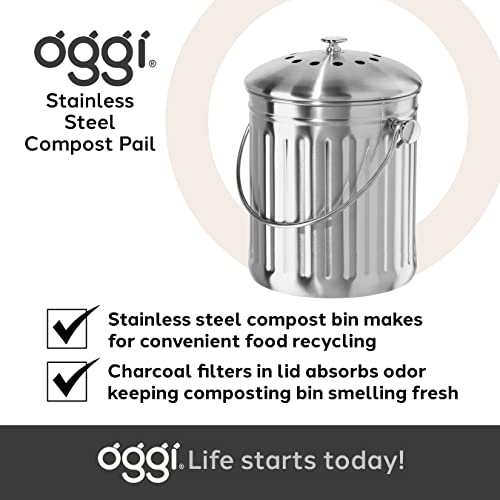 OGGI Countertop Compost Bin with Lid-1 Gallon Indoor Compost Bin w/Charcoal Filter, Stainless Steel Compost Container, Ideal Kitchen Compost Pail, Eco Friendly Products