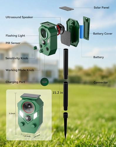 2 Pack Solar Ultrasonic Animal Repellent Outdoor, Motion Activated Deer Repellent Devices with Flashing Lights, Waterproof Cat Repellent Outdoor, Repels Raccoon, Coyote for Garden & Lawn