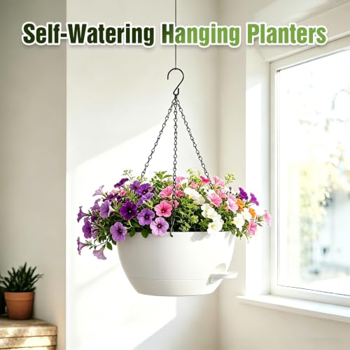 13 Inch Large Self Watering Hanging Planters 2 Pack with Saucers - color: White, size: 13 Inch 2 Pack