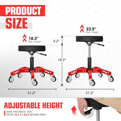 DNA Motoring Rolling Shop Stool, Adjustable Height Padded Rolling Seat, Pneumatic Roller Mechanic Stool for Garages, 300lbs Capacity, TOOLS-00635-BK-RD - style: 5 Wheel Red