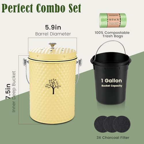 AOSION Countertop Kitchen Odorless Compost Bin with Removable Inner Bucket - color: Yellow